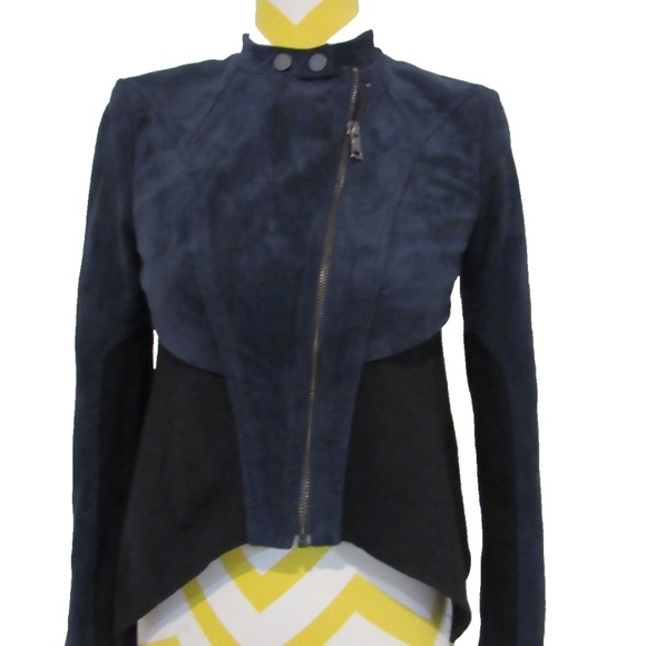 BCBGMAXAZRIA Suede Fabric Button Crew Neck Zip Cropped Navy Jacket XXS - Picture 1 of 5